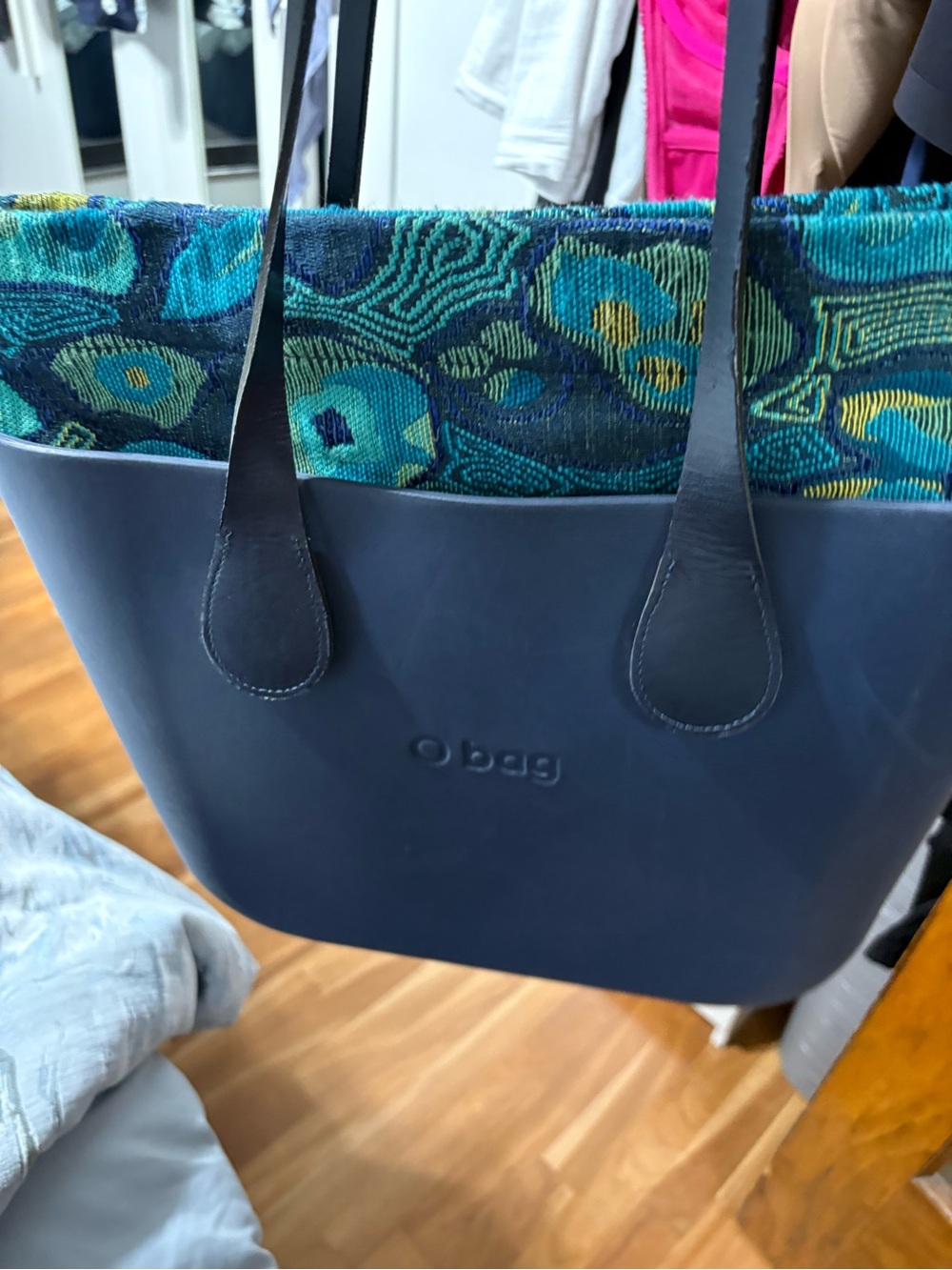 O bag Navy Tote with Teal Patterned Insert